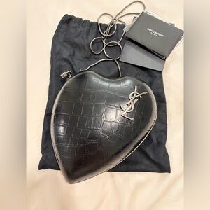 Authentic Saint Laurent Love Box Heart Clutch - Black Crocodile Embossed Leather